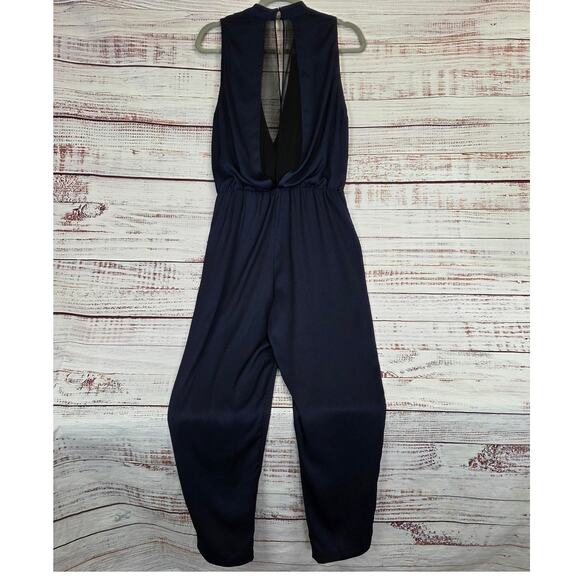 Aryn K Pack a Plunge Jumpsuit M Navy Ink Blue Silky Sheer Back Surplice Bodice - Picture 4 of 16